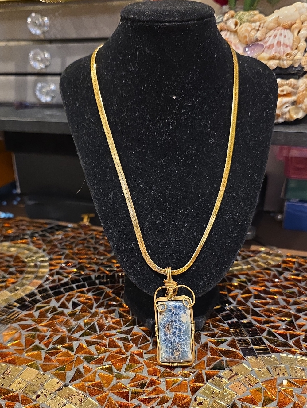 Vintage Gold-tone Necklace with Blue Agate Pendant